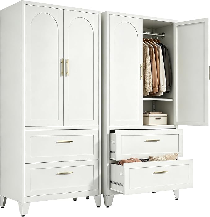 71" Tall Metal Wardrobe Cabinet with 2 Drawers and Hanging Rod, 2 Doors Wardrobe Closet with Shelf for Bedroom, Office, Laundry Room,Entryway,Foyer,Guesthouse White