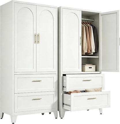 71" Tall Metal Wardrobe Cabinet with 2 Drawers and Hanging Rod, 2 Doors Wardrobe Closet with Shelf for Bedroom, Office, Laundry Room,Entryway,Foyer,Guesthouse White