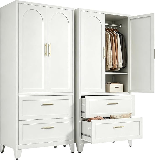 71" Tall Metal Wardrobe Cabinet with 2 Drawers and Hanging Rod, 2 Doors Wardrobe Closet with Shelf for Bedroom, Office, Laundry Room,Entryway,Foyer,Guesthouse White