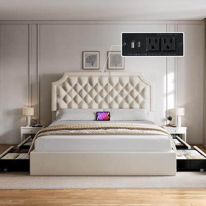 YITAHOME Full Size Bed Frame with Adjustable Headboard, 4 Storage Drawers and Charging Station, Velvet Upholstered Bed Frame with Button Tufted, No Box Spring Needed, Fast Assembly, Noise-Free,Beige