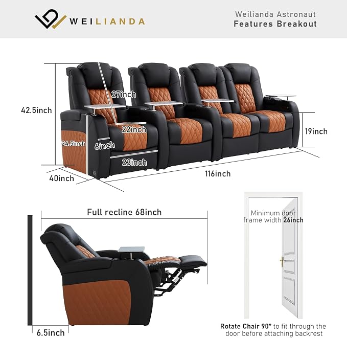 Weilianda Home Theater Seating Top Grain Leather Zero Gravity Recliner Chair Power Headrest Recline Movie Seat Gaming 7 Colors Mood Light Sofa with Tray Table Row of 4 Loveseat Right Black Camel