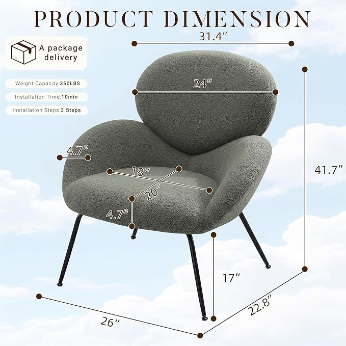 Accent Chair, Cloud Accent Chair for Bedroom, Boucle Fabric (Green) | Comfy Bedroom Chair with Love Back and Sturdy And Durable Solid-Wood Frame/ Study Room / Bedroom / Living Room /(Cream Style)