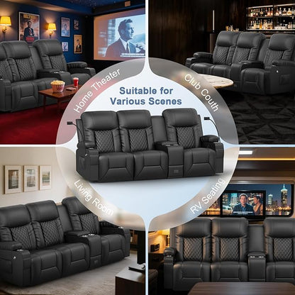 Recliner Sofa, Home Theater Seating with Center Console, 3 Seat Reclining Couch with USB Ports & Phone Holders, Wall Hugger RV Sofa Furniture Loveseat Recliner Couch with Storage & Pocket