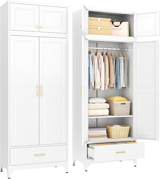 SteeLoong 86" Metal Armoire Wardrobe Closet with Drawer,Tall Clothing Storage Cabinet with Adjustable Shelves and Hanging Rod,White Wardrobe Closet for Bedroom,Home,Bathroom,Gym