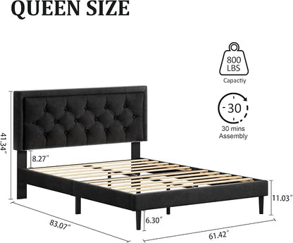 CXVX Queen Size Platform Bed Frame with Upholstered Velvet Button Tufted Headboard, Mattress Foundation with Wooden Slat Support, No Box Spring Needed, Easy Assembly, Noise Free, Black