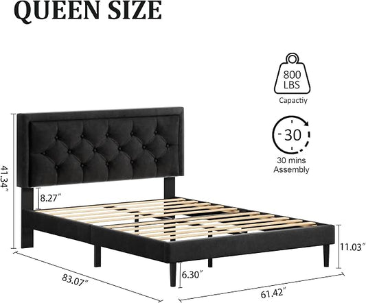 CXVX Queen Size Platform Bed Frame with Upholstered Velvet Button Tufted Headboard, Mattress Foundation with Wooden Slat Support, No Box Spring Needed, Easy Assembly, Noise Free, Black