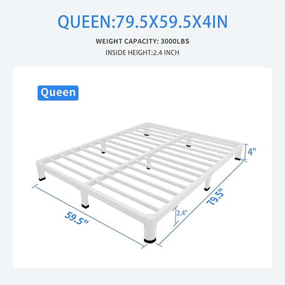 MAF 4 Inch Queen Metal Platform Bed Frame White with Round Corner Legs, Mattress Slide Stopper, 3000 LBS Heavy Duty Steel Slats Support, Noise Free, No Box Spring Needed, Easy Assembly