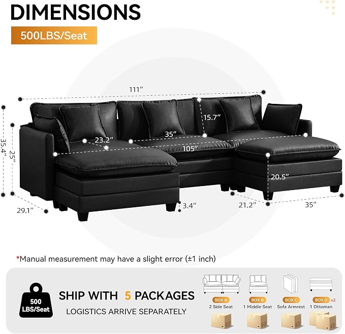 111'' Sectional Cloud Deep Seat Couch, Oversized Leather U Shaped Sectional Sofa for Living Room Set, Comfy Upholstered Modular 5-Seats Sectional Sofa Couch with 2 Movable Ottoman, Leather Black