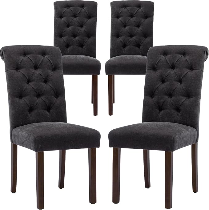 COLAMY Button Tufted Dining Chairs Set of 4, Parsons Upholstered Fabric Dining Room Chairs Kitchen Chairs with Wood Legs and Padded Seat, Black