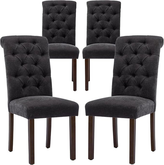 COLAMY Button Tufted Dining Chairs Set of 4, Parsons Upholstered Fabric Dining Room Chairs Kitchen Chairs with Wood Legs and Padded Seat, Black