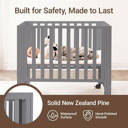 MAMAZING EvoNest 6-in-1 Convertible Baby Mini Crib with Wheels | GREENGUARD Gold Certified, New Zealand Pine Wood, 4 Adjustable Heights, Rocking Mode, Small Spaces Design, Grey