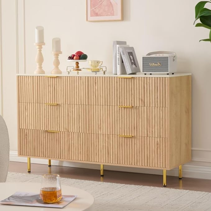 Fluted 6 Drawers Dresser for Bedroom with Faux Marble Top, 56" Wide Chest of Drawers Closet Clothes Storage Organizer, Modern TV Stand Dressers for Living Room, Hallway, Natural Oak