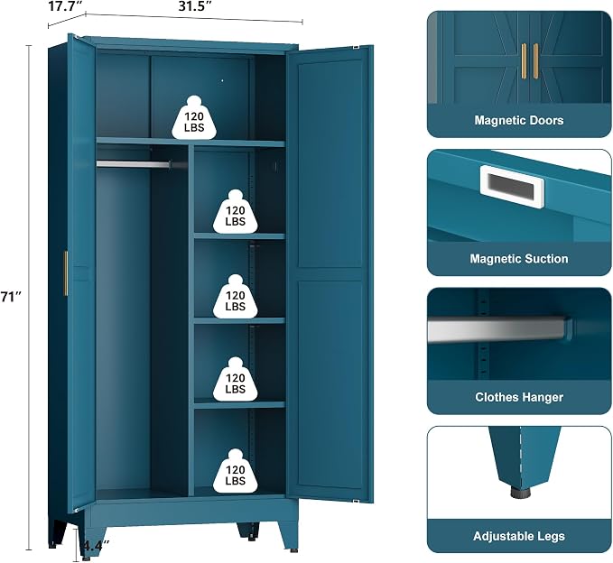YAUWOH Farmhouse Wardrobe Cabinet,Metal Wardrobe Closet with Hanging Rod,Metal Armoire with Adjustable Shelves for Bedroom,Cloak Room,Office (Blue)