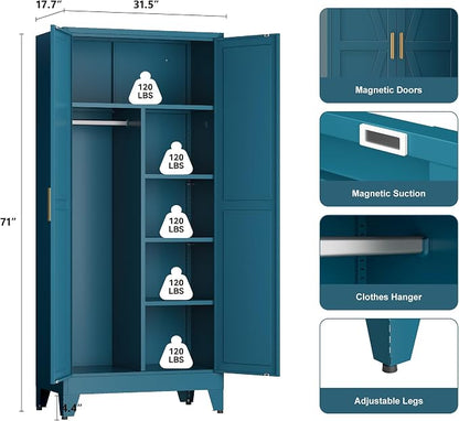 YAUWOH Farmhouse Wardrobe Cabinet,Metal Wardrobe Closet with Hanging Rod,Metal Armoire with Adjustable Shelves for Bedroom,Cloak Room,Office (Blue)