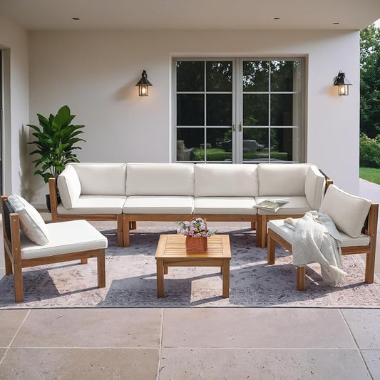 Greesum 7 Pieces Small Patio Sofa, Acacia Wood Frame, Padded Patio Conversation and Chairs Set for Garden, Backyard, Poolside, Beige