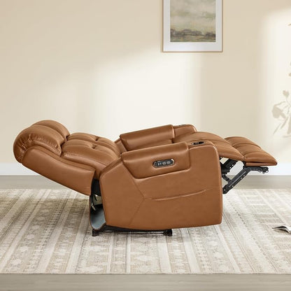 Watson & Whitely Genuine Leather Power Loveseat Recliner Sofa, Lay Flat Reclining Sofa with Console, Power Headrest, Cup Holders & Wireless Charging, Dual Recliner for Living Room, Saddle Brown