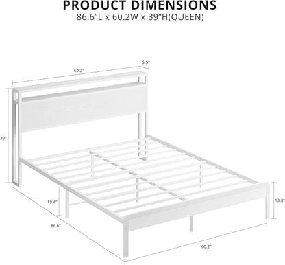 LIKIMIO Queen Bed Frame with Headboard, Wood Camas Queen with Strong Supports, Sturdy, Noise-Free, No Box Spring Needed, White