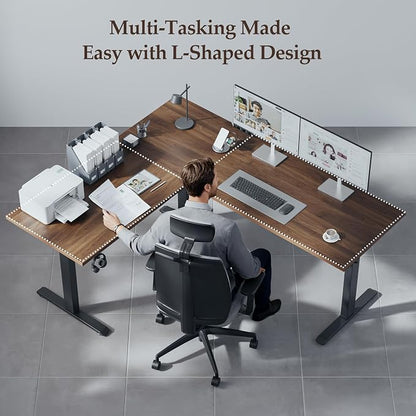 Klicelor L Shaped Standing Desk 63 x 55.1 Inch Dual Motors, Electric Height Adjustable Corner Desk for Home Office Workstation, Ergonomic Sit Stand Computer Table with Memory Controller, Dark Walnut