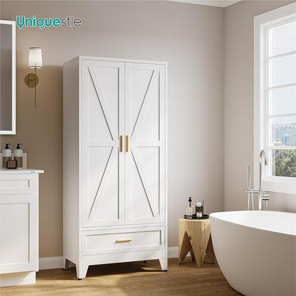 71" Tall Metal Armoire Wardrobe Closet,17.7" Deep By 31.5" Wide Portable Closet for Hanging Clothes,Wardrobe Cabinet with Drawer and Shelve for Bedroom Office Garage,White 1 Pack