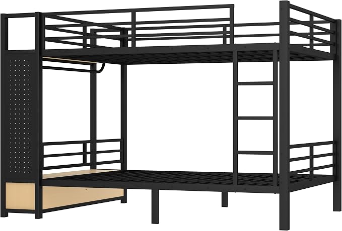 Bellemave Bunk Bed Queen Over Queen,Metal Bunk Beds with Shelf and Guardrails and Storage Drawers and Clothes Hooks for Kids, Teens & Adults（Black）