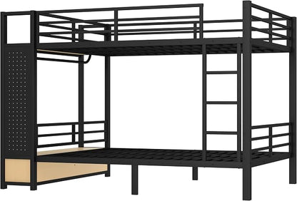 Bellemave Bunk Bed Queen Over Queen,Metal Bunk Beds with Shelf and Guardrails and Storage Drawers and Clothes Hooks for Kids, Teens & Adults（Black）