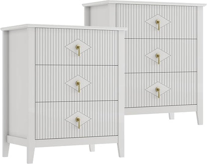 GarveeHome 2Pcs Wood Nightstand Fluted Dresser for Bedroom, 27.5" Wide 3-Drawer Bedside Tables, Modern Chest of Drawers, Storage End Table Living Room, Hallway, Entryway, White
