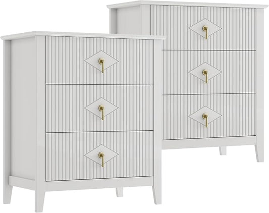 GarveeHome 2Pcs Wood Nightstand Fluted Dresser for Bedroom, 27.5" Wide 3-Drawer Bedside Tables, Modern Chest of Drawers, Storage End Table Living Room, Hallway, Entryway, White