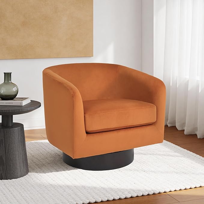 Swivel Barrel Accent Chair, Modern Round Chenille Fabric Arm Chair for Living Room, Bedroom, Comfy Club Reading Chairs for Adults（Velvet Orange, Set of 1