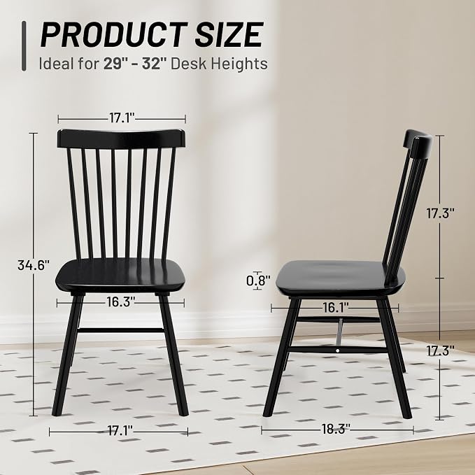 AreShark Windsor Dining Chairs, Farmhouse Wooden Dining Room Chairs, Solid Wood Kitchen Chairs with Spindle Back Set of 4, Black