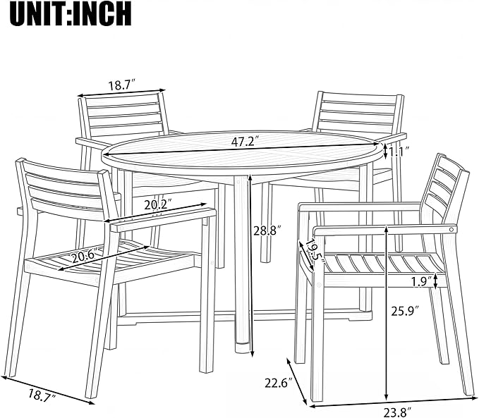 Quarte 5-Piece Outdoor Dining Set with 4 Acacia Wood Chairs,47.2" Round Dining Table with Slatted Design, Ideal for Patios, Gardens, Poolsides, and Lawn Areas & Indoor (Natural-2r)
