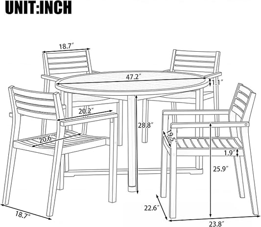 Quarte 5-Piece Outdoor Dining Set with 4 Acacia Wood Chairs,47.2" Round Dining Table with Slatted Design, Ideal for Patios, Gardens, Poolsides, and Lawn Areas & Indoor (Light Gray & Light Brown)