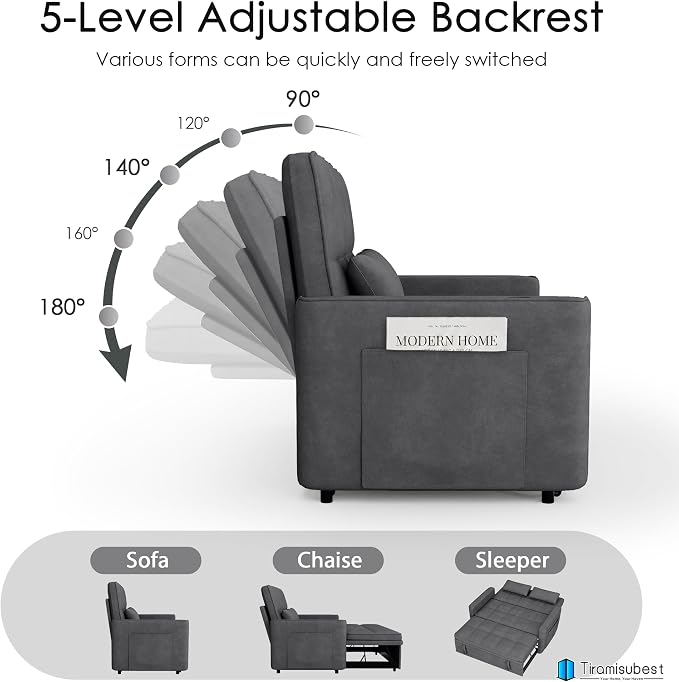 54'' Sleeper Sofa Bed, Convertible Pull Out Couch Futon for for Living Room,Apartment (Darkgrey, Loveseat) Side Pockets, Velvet Fabric, Adjustable Backrest, Pull-Out Bed, Easy Assembly