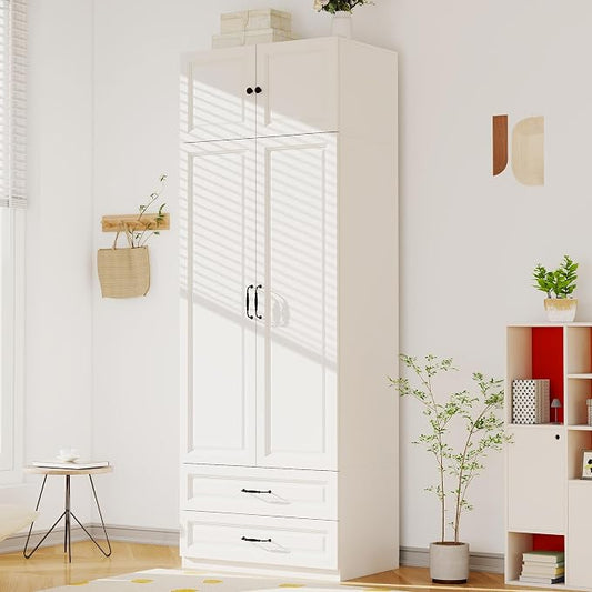 Armoire Wardrobe Closet with Drawers: Bedroom Armoires with Hanging Rod, Wooden Closet Cabinet for Hanging Clothes, Tall Wardrobes Closets with Doors and Shelves (White, 32")