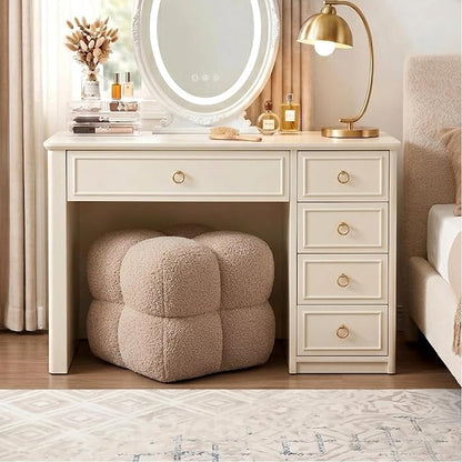 Zesthouse Square Pouf Ottoman Footstool, Modern Backless Vanity Stool for Bedroom, Tan Fuzzy Foot Rest for Couch, Upholstered Tufted Footstool, Sherpa Fabric Ottoman Coffee Table for Living Room