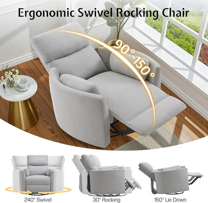 Jocisland Power Recliner Nursery Chair for Adults, Electric Swivel Rocking Glider with USB & Type-C, Soft Fabric Armchair with 2 Pillows, Cozy Reclining Sofa for Living Room, Bedroom, Light Grey