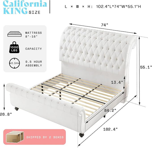 AMERLIFE 55" Tall Sleigh Bed Frame with Scroll Headboard & Footboard, Velvet Upholstered Platform Bed with Deep Button Tufted, Solid Wood Legs, No Box Spring Needed, White, California King