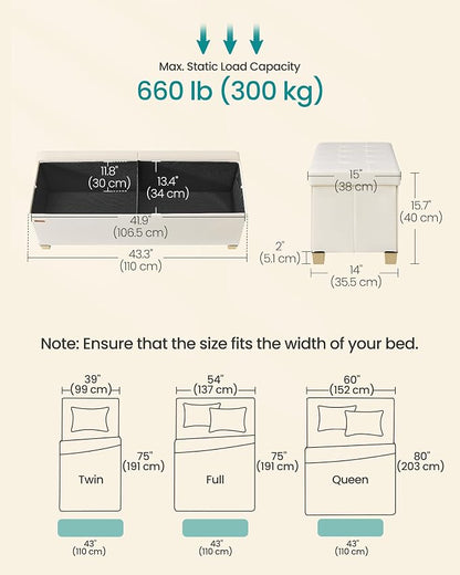 SONGMICS Storage Ottoman Bench with Legs, Folding Ottoman Foot Rest with Flipping Lid, Bench with Storage, for Living Room, Bedroom, Entryway, Velvet, 43.3 Inches, Cappuccino Beige ULSF083LH01