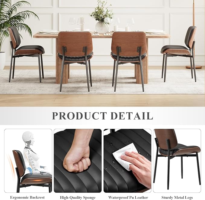 MALOL Leather Dining Chairs Set of 4, Modern Upholstered Dining Room Kitchen Chairs with Metal Legs and Wooden Back Support for Home Dining Room/Restaurant, Black