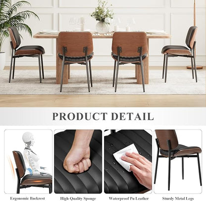MALOL Leather Dining Chairs Set of 6, Modern Upholstered Dining Room Kitchen Chairs with Metal Legs and Wooden Back Support for Home Dining Room/Restaurant, Black