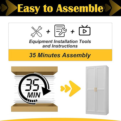 SteeLoong Kitchen Pantry Cabinet,71”White Metal Pantry Storage Cabinet with Doors and 4 Adjustable Shelves,Kitchen Cabinet with 2 Gold Handles,Tall Cabinet for Livingroom,Pantry, Bathroom,Kitchen