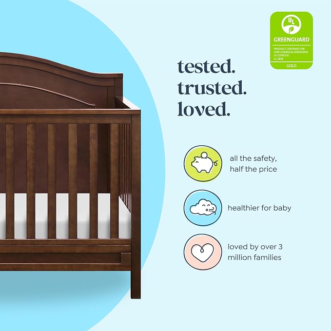 Davinci Charlie 4-in-1 Convertible Baby Crib w/Mattress - Espresso | GREENGUARD Gold Certified, Low-Profile Crib Convertible to Toddler Bed, Daybed, Full Bed - Conversion Kit Sold Separately
