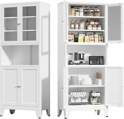 COFaR 69" Tall Modern Kitchen Pantry,Metal Storage Cabinet with Shelves ＆ Glass Doors for Display,Pantry Storage Cabinet,Freestanding Cupboard for Kitchen,Dining Room,Living Room,Bathroom,White