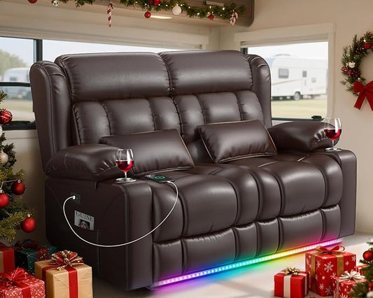Power RV Loveseat Recliner Sofa, Electric Reclining Loveseat RV Couch with USB & Type-C Ports, Zero Wall Hugger RV Furniture with Storage & LED Light for Travel Trailers Home Theater Seating
