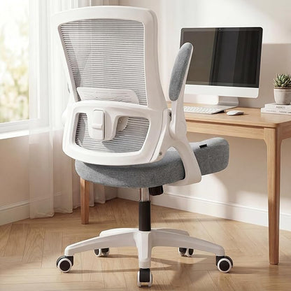 NEO CHAIR Office Desk Gaming Chair Computer High Back Mesh Seat with Rolling Wheels Ergonomic Adjustable Comfy Flip-up Armrests Lumbar Support Height for Home (Grey White Frame)