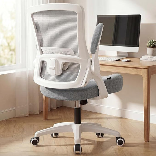 NEO CHAIR Office Desk Gaming Chair Computer High Back Mesh Seat with Rolling Wheels Ergonomic Adjustable Comfy Flip-up Armrests Lumbar Support Height for Home (Grey White Frame)