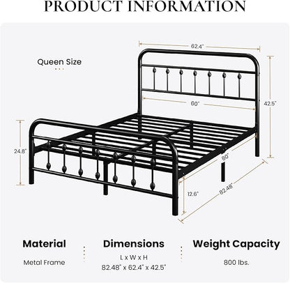 SHA CERLIN Queen Size Metal Platform Bed Frame with Victorian Style Iron-Art Headboard and Footboard, Easy Assembly, Under Bed Storage, No Box Spring Required, Black