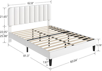 VECELO Queen Size Bed Frame with Upholstered Headboard, Velvet Platform Bedframe Mattress Foundation, Strong Wood Slat Support, No Box Spring Needed,White