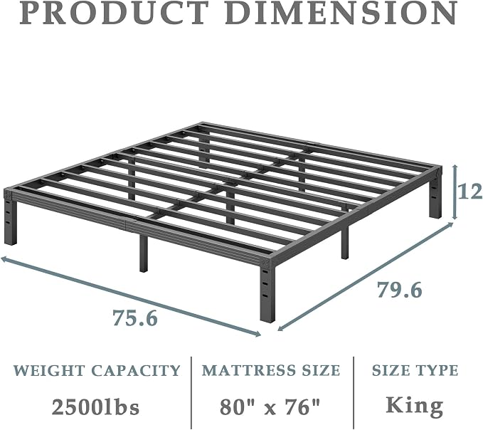 FSCHOS 12 Inch Metal Platform King Size No Box Spring Needed, Heavy Duty Bed Frame Easy Assembly, Noise Free, Black