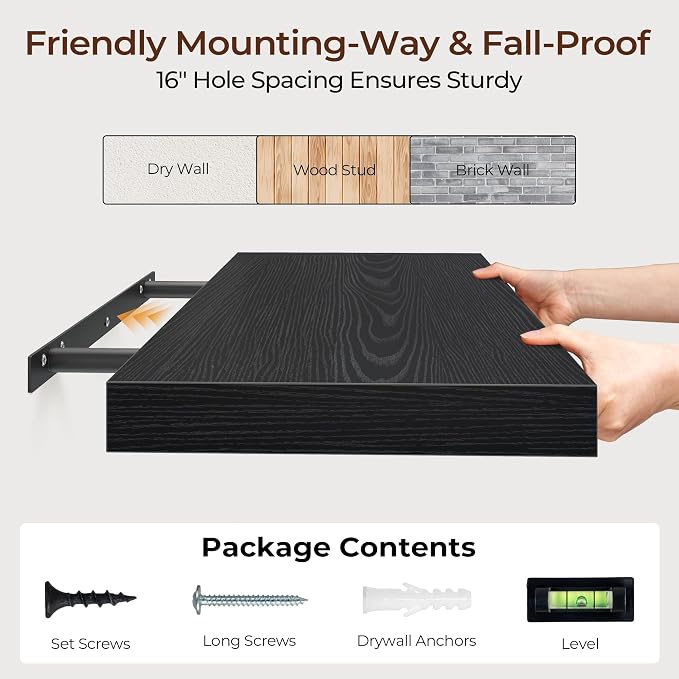 Fun Memories Floating Shelves for Wall 36 Inch Set of 3, Farmhouse Floating Shelves with Invisible Heavy Duty Bracket, 10 Inch Deep Bathroom Shelves for Storage, Living Room, Kitchen, Decor, Black