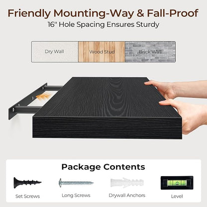 Fun Memories Floating Shelves for Wall 36 Inch Set of 3, Farmhouse Floating Shelves with Invisible Heavy Duty Bracket, 10 Inch Deep Bathroom Shelves for Storage, Living Room, Kitchen, Decor, Black